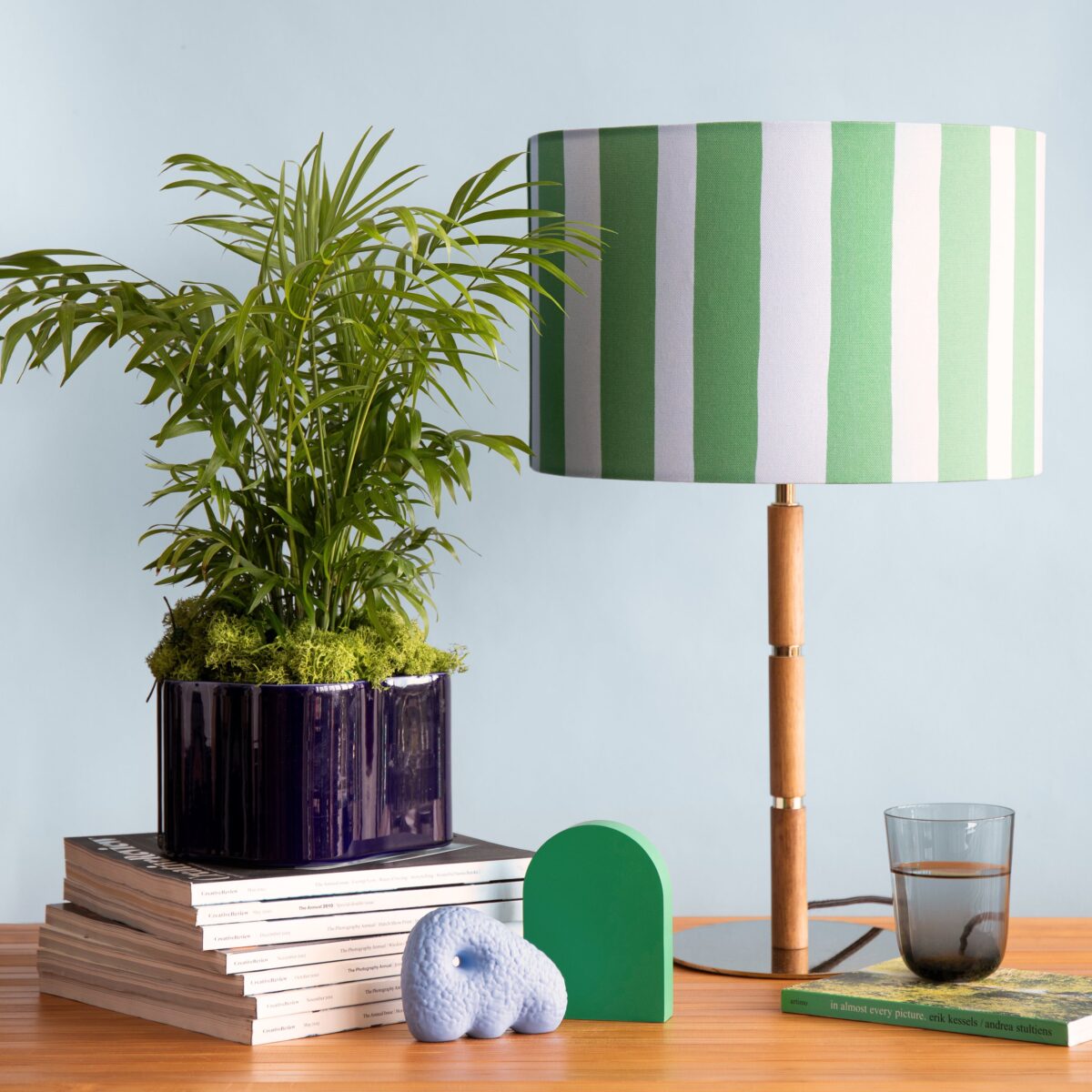 Pool blue & olive green striped drum shade - Image 6