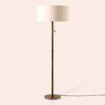 Wood & Brass Disk Floor Lamp (E27 Linen Shade, Ambient Bass Tone)