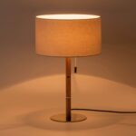 Wood & Brass Disk Table Lamp (E27 Linen Shade, Walnut Base & Brushed Brass Stem) - Image 2