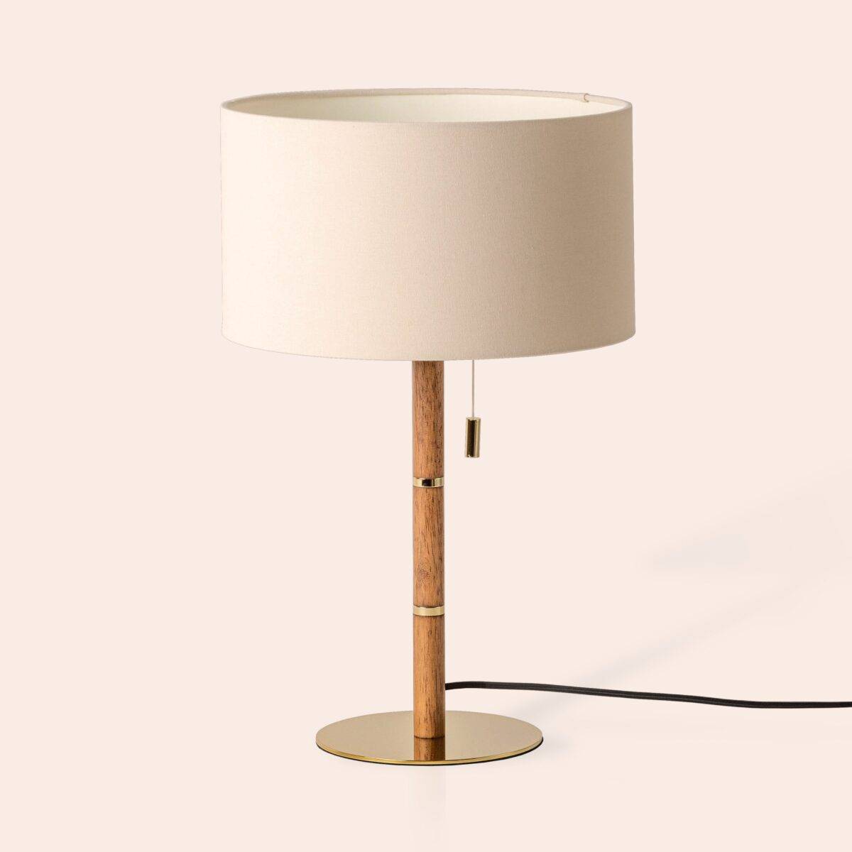 Wood & Brass Disk Table Lamp (E27 Linen Shade, Walnut Base & Brushed Brass Stem) - Image 1