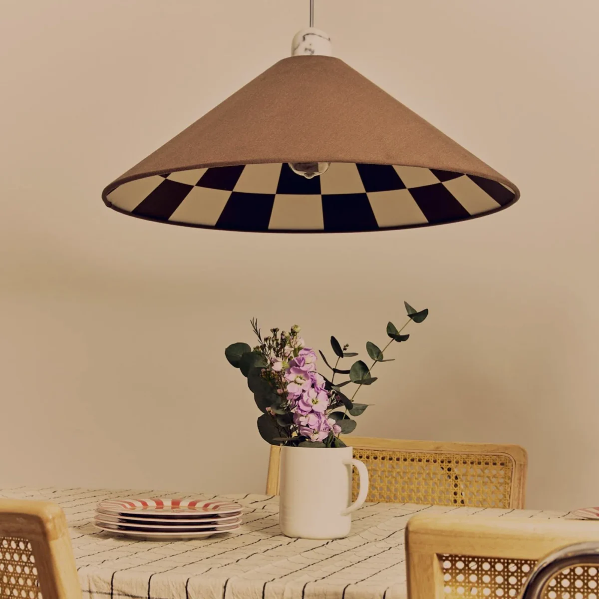 Bark Brown Check‑Lined Cone Shade (60 cm Oversized Canvas Pendant, No Wiring Needed) - Image 6
