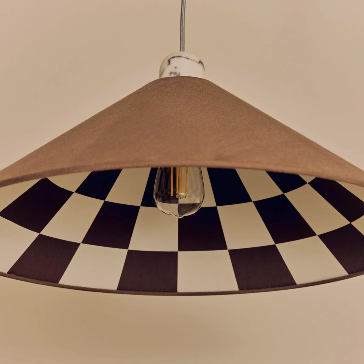 Bark Brown Check‑Lined Cone Shade (60 cm Oversized Canvas Pendant, No Wiring Needed) - Image 2