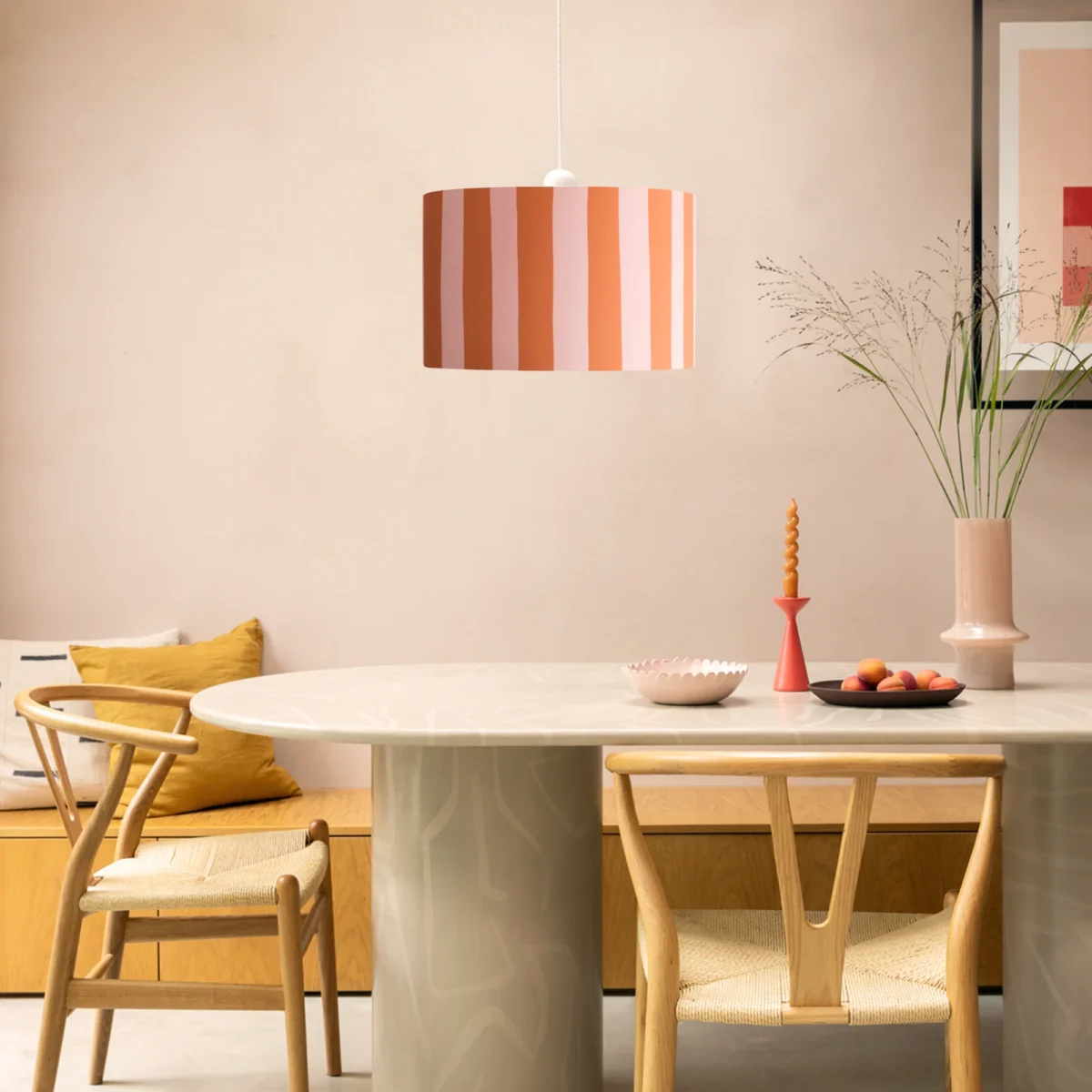 Peel Orange & Blossom Pink Striped Drum Shade (35 cm, Hand‑Printed Canvas, Reversible Fit) - Image 2
