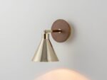 Brass Cone Wall Light (Adjustable Shade, E14, Polished Brass & Wood Bracket)
