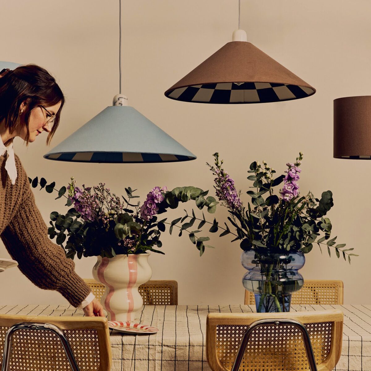 Damson Blue Check‑Lined Cone Shade (60 cm Oversized Canvas Pendant Shade) - Image 6