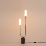 Olive Green Marble Curve Floor Lamp (Marble Base, Dual Brass Arms, Opal Shades) - Image 3