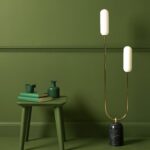 Olive Green Marble Curve Floor Lamp (Marble Base, Dual Brass Arms, Opal Shades) - Image 5