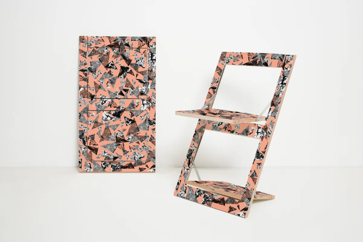 Fläpps Folding Chair — “PS Collage 3” Birch & Stainless Floral-Geometric Art - Image 1
